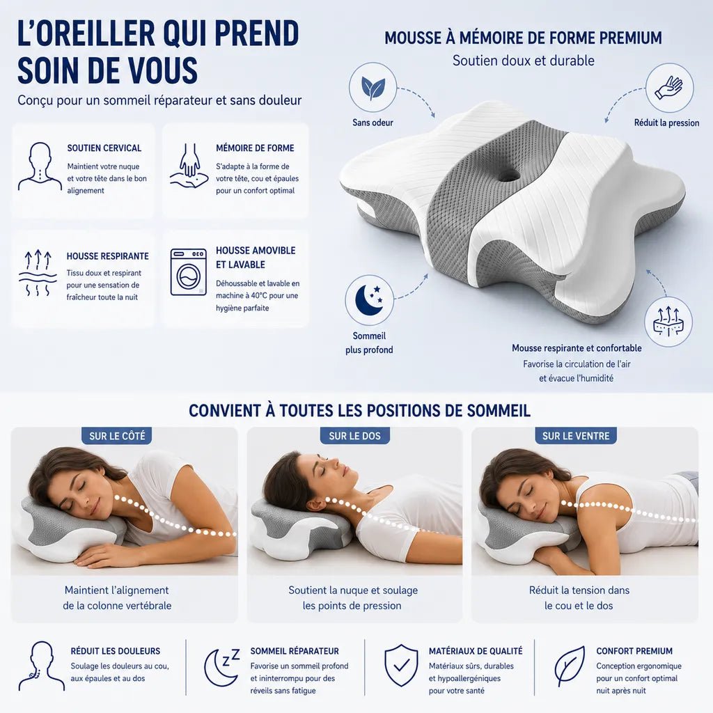 Infographie oreiller cervical papillon IceRelief mémoire de forme – soutien cervical, housse lavable, 3 positions de sommeil (côté, dos, ventre), réduit douleurs nuque et épaules