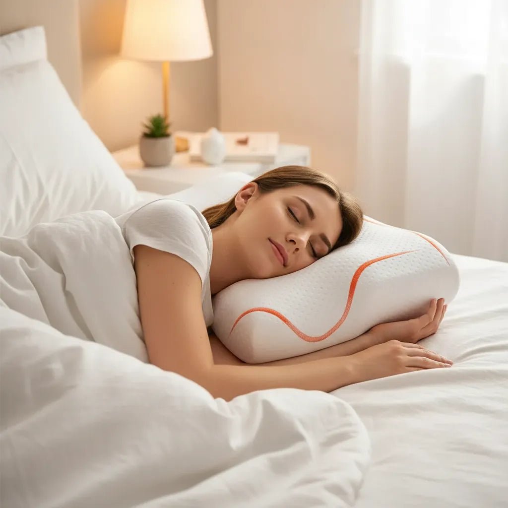Femme dormant sur le côté sur oreiller cervical papillon IceRelief mémoire de forme blanc et orange – soutien nuque ergonomique, sommeil réparateur