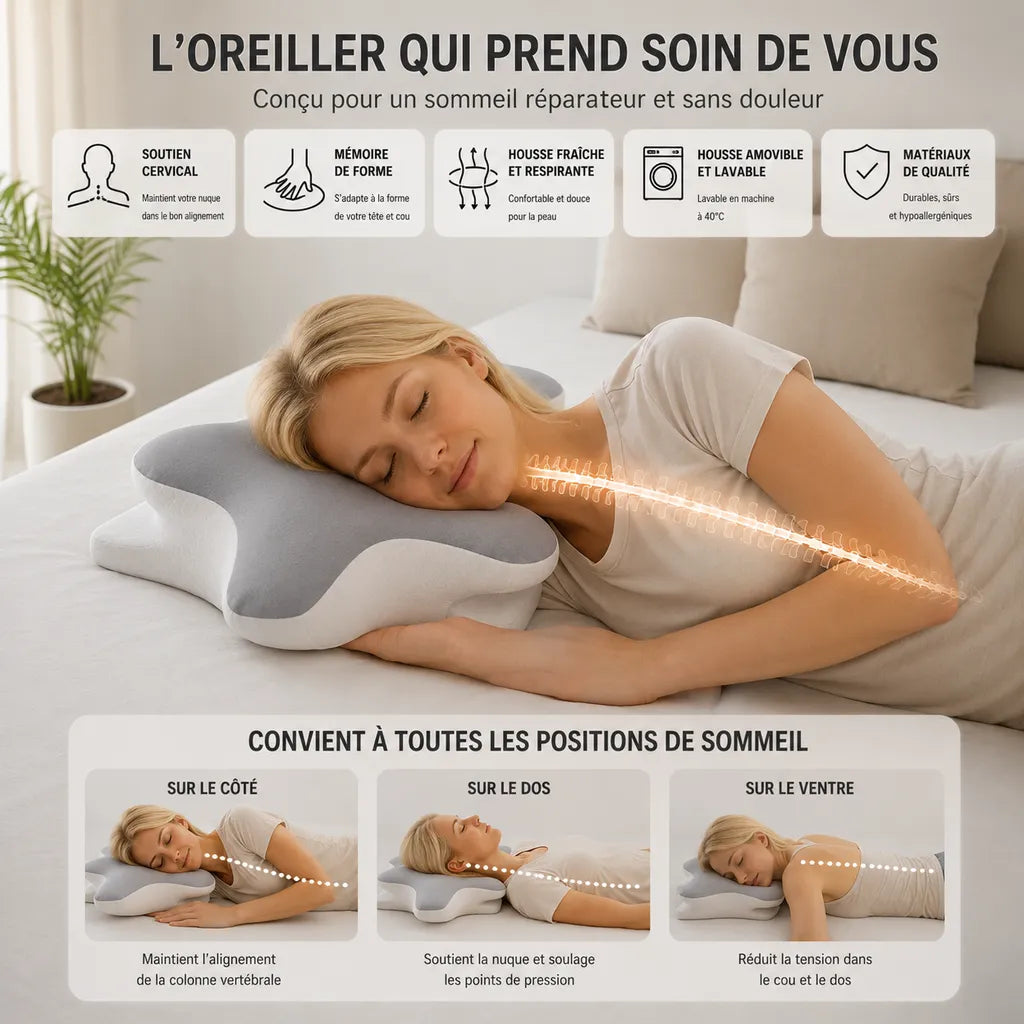 Femme soulagée dormant sur oreiller cervical papillon mémoire de forme IceRelief – soulagement immédiat nuque et épaules