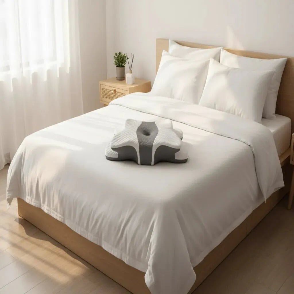 Oreiller cervical papillon IceRelief posé sur lit - soutien nuque ergonomique mémoire de forme