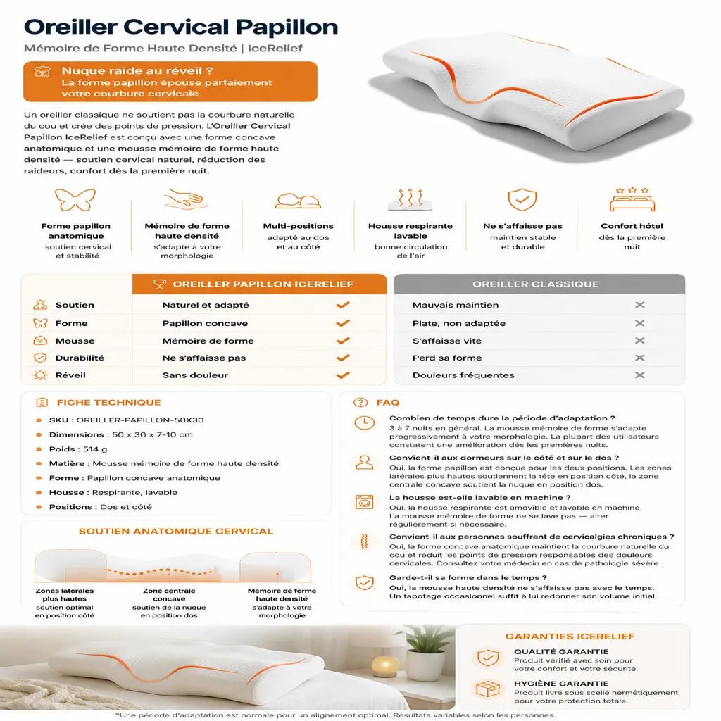 Infographie de l’oreiller cervical papillon IceRelief à mémoire de forme haute densité avec soutien anatomique de la nuque, housse respirante et confort ergonomique pour un sommeil réparateur.