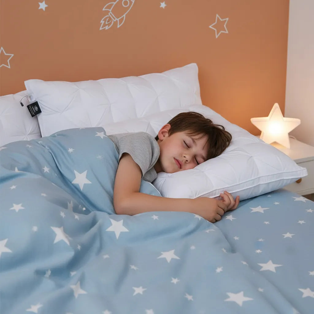 Petit garçon dormant sur oreiller effet duvet d'oie luxe IceRelief ultra-gonflé losanges 3D, chambre enfant décor étoiles lumière douce