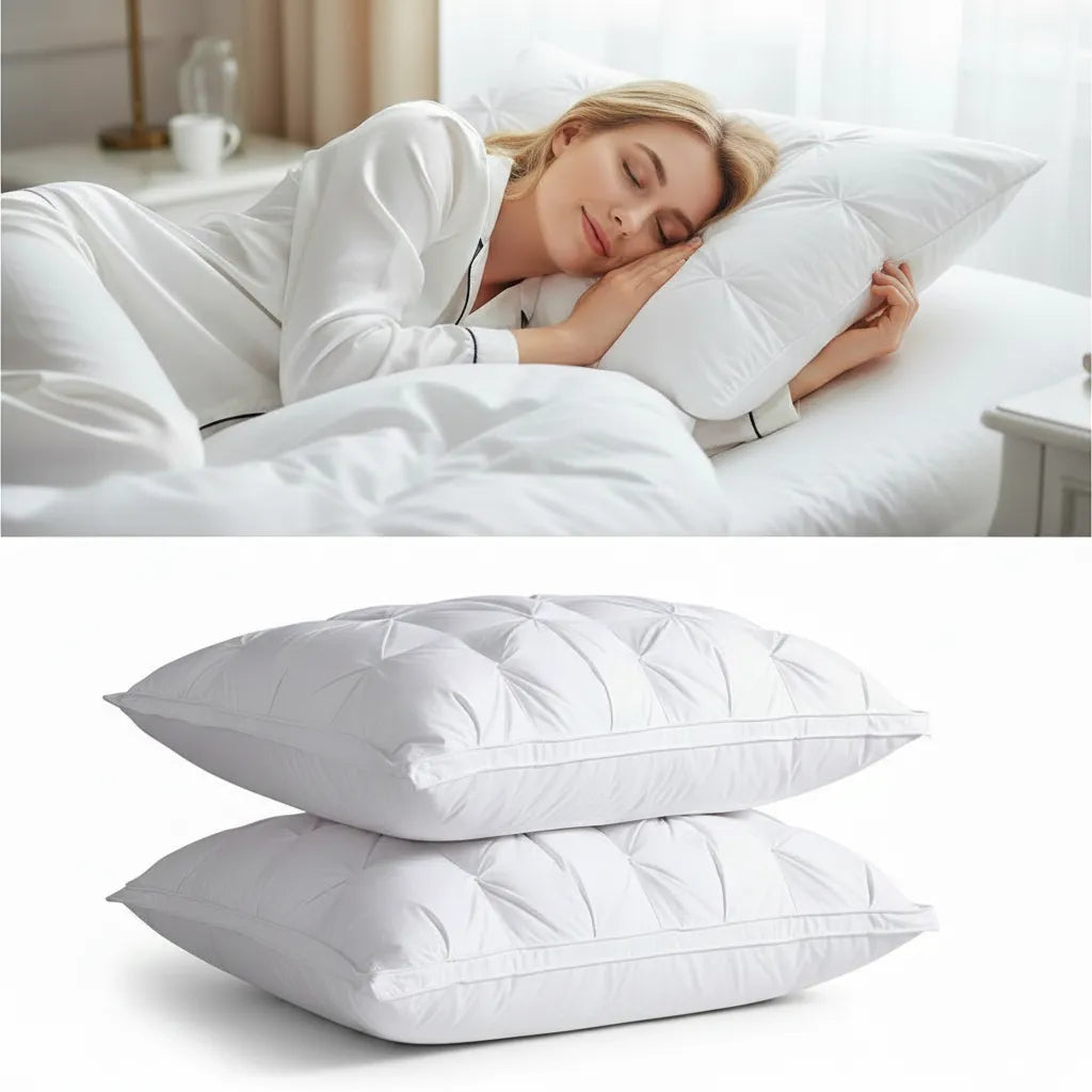 Oreiller effet duvet d'oie IceRelief – femme blonde dormant paisiblement sur oreiller ultra-gonflant blanc éclatant