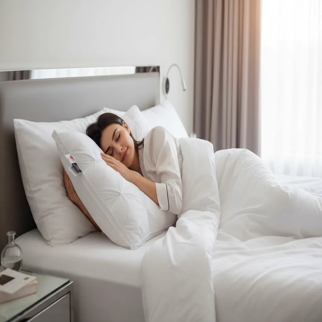 Femme dormant paisiblement sur oreiller effet duvet d'oie IceRelief ultra-gonflé, expression de soulagement et confort hôtel 5 étoiles