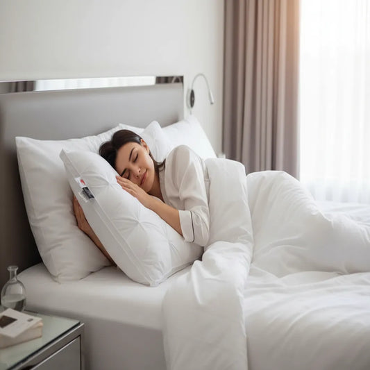 Femme dormant paisiblement sur oreiller effet duvet d'oie IceRelief ultra-gonflé, expression de soulagement et confort hôtel 5 étoiles