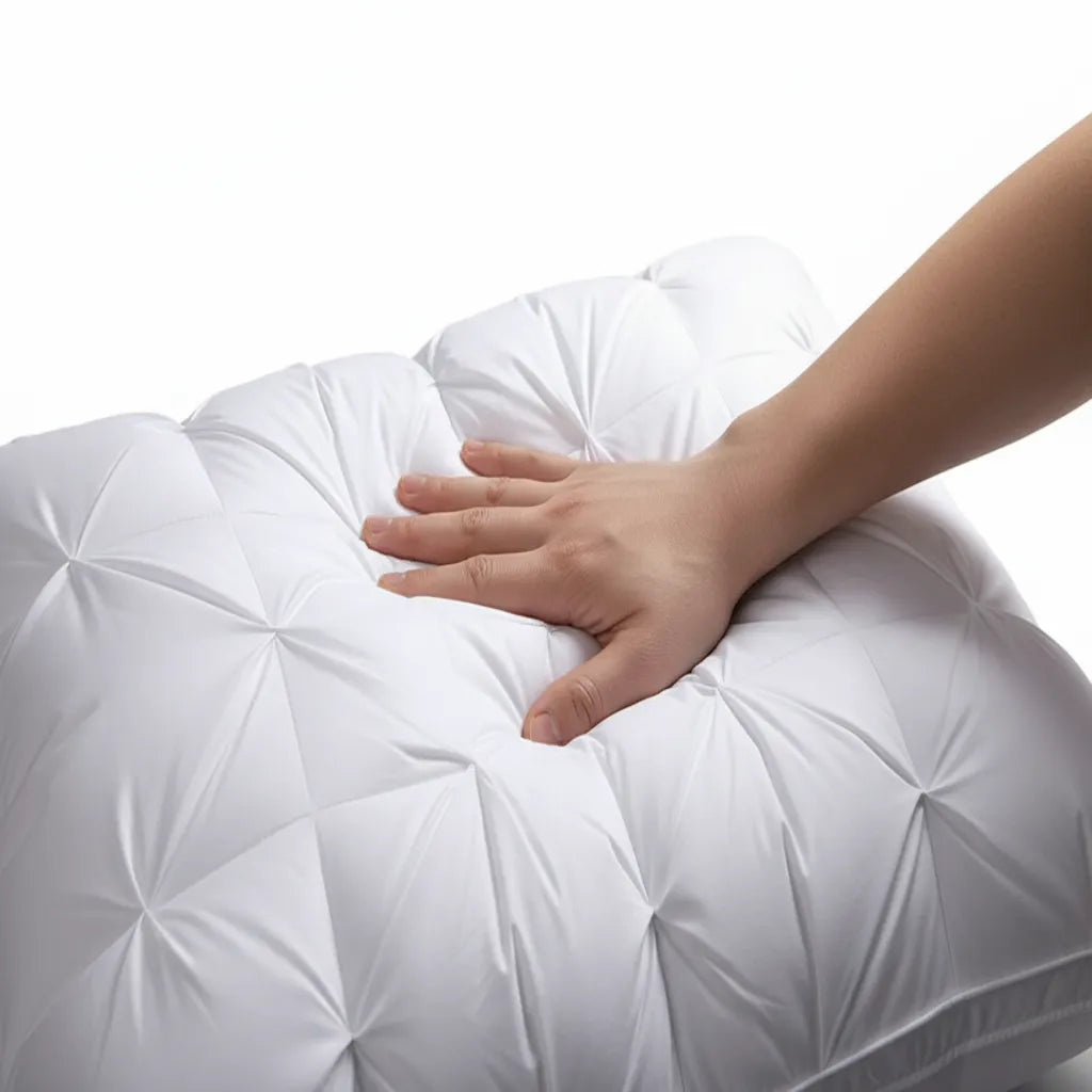 Gros plan oreiller effet duvet d'oie IceRelief ultra-gonflé, main s'enfonçant dans la matière moelleuse, texture losanges 3D premium