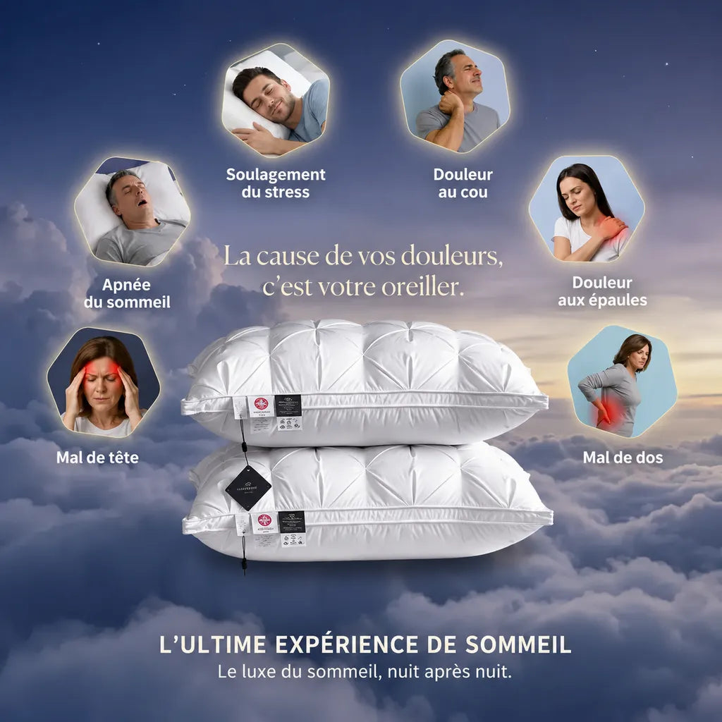 Infographie oreiller effet duvet d'oie IceRelief – hypoallergénique, ultra-gonflant, lavable en machine, certifié CE, confort hôtel 5 étoiles