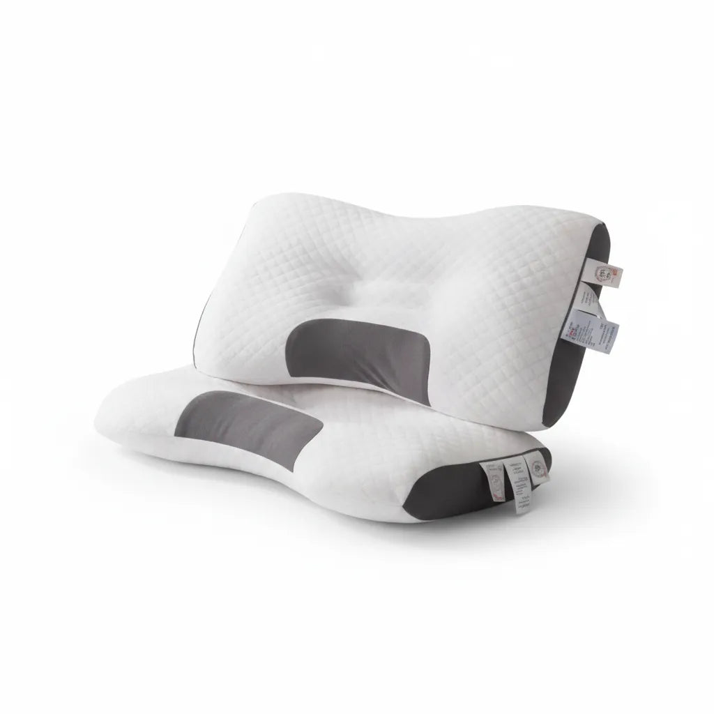 Oreiller ergonomique cervical IceRelief blanc et gris - soutien nuque et cou, vue 3/4 studio fond blanc