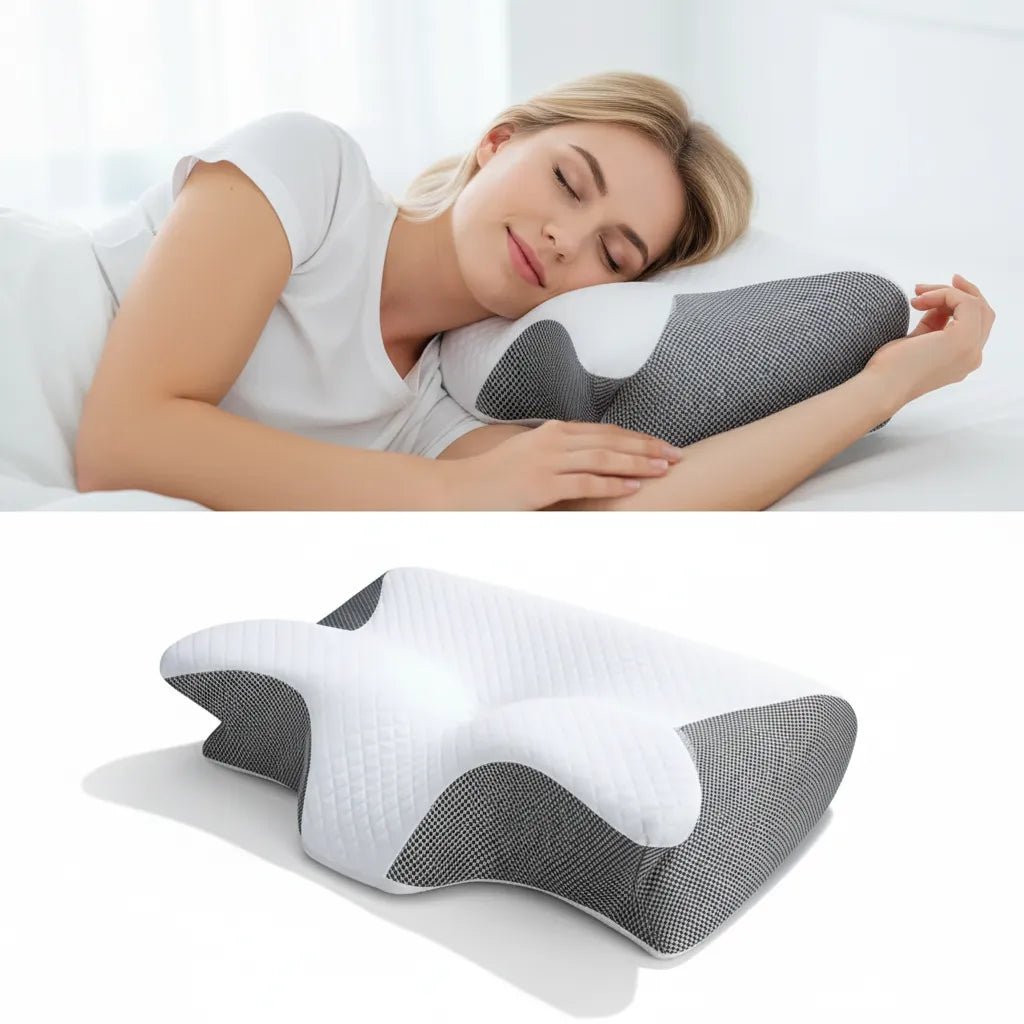 Oreiller ergonomique cervical IceRelief – femme dormant paisiblement avec soutien nuque et épaules optimal