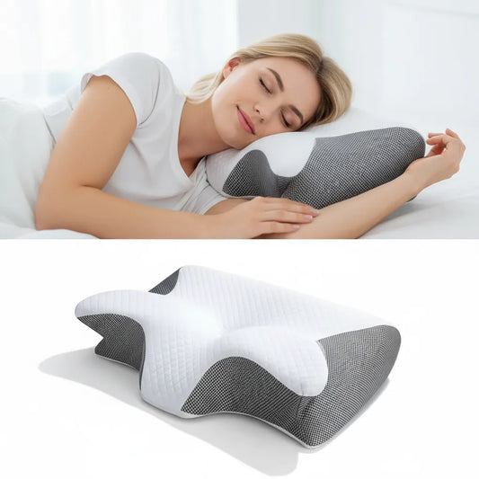 Oreiller ergonomique cervical IceRelief – femme dormant paisiblement avec soutien nuque et épaules optimal