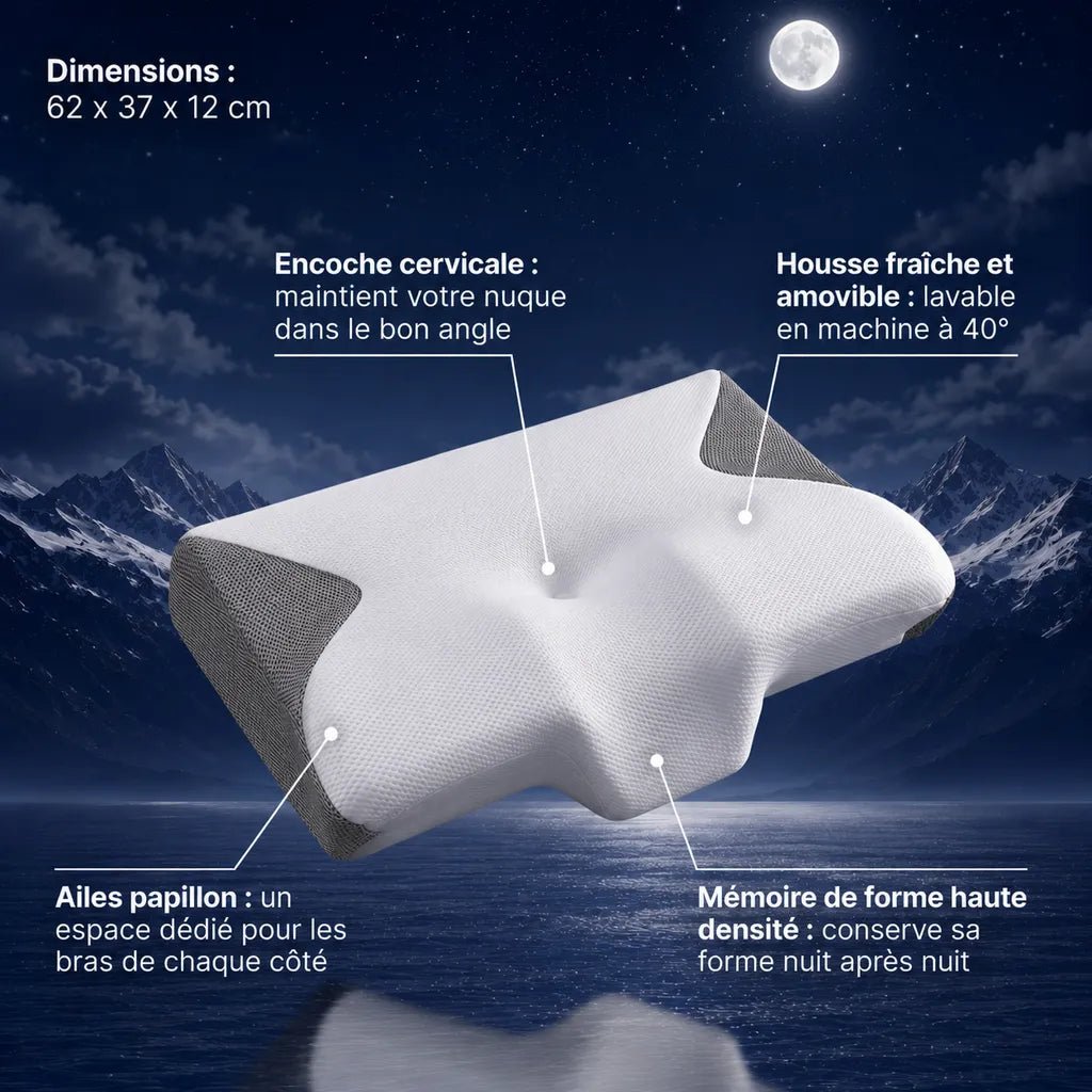Oreiller ergonomique à mémoire de forme gris et blanc avec soutien cervical, housse lavable et design orthopédique présenté dans un décor nocturne apaisant.