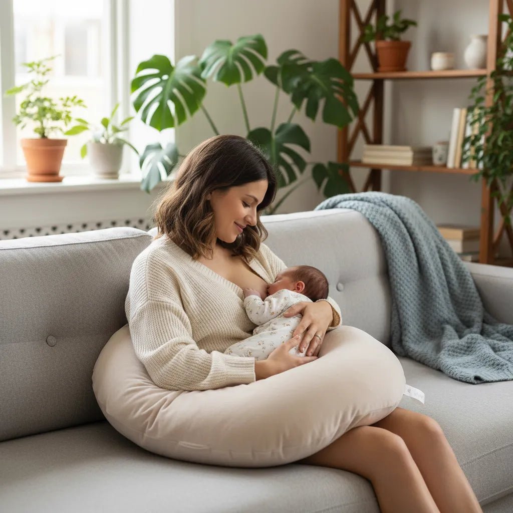Maman allaitant bébé confortablement avec oreiller de grossesse IceRelief - coussin allaitement soutien optimal sans fatigue