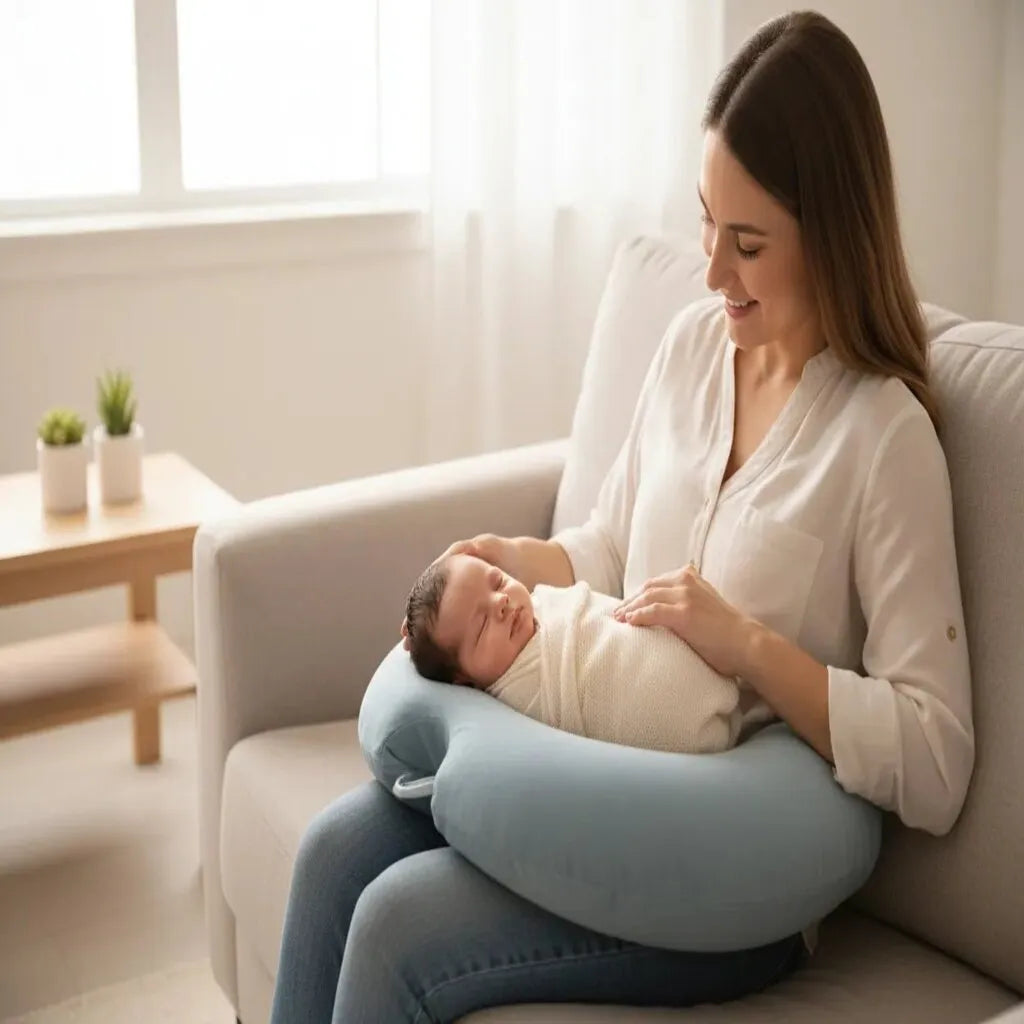 Bébé calé confortablement sur coussin de grossesse IceRelief - soutien allaitement sécurité