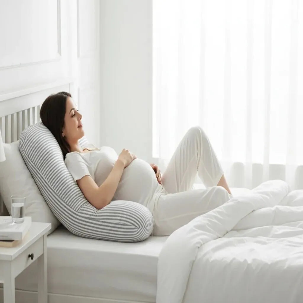 Coussin grossesse IceRelief forme C rayé gris blanc - sommeil latéral confort nuit