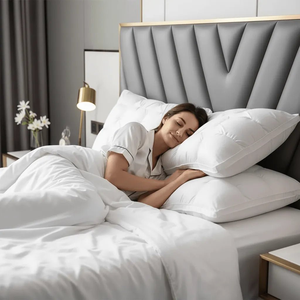 Oreiller hôtel 5 étoiles luxe premium - femme dormant confortablement chambre palace