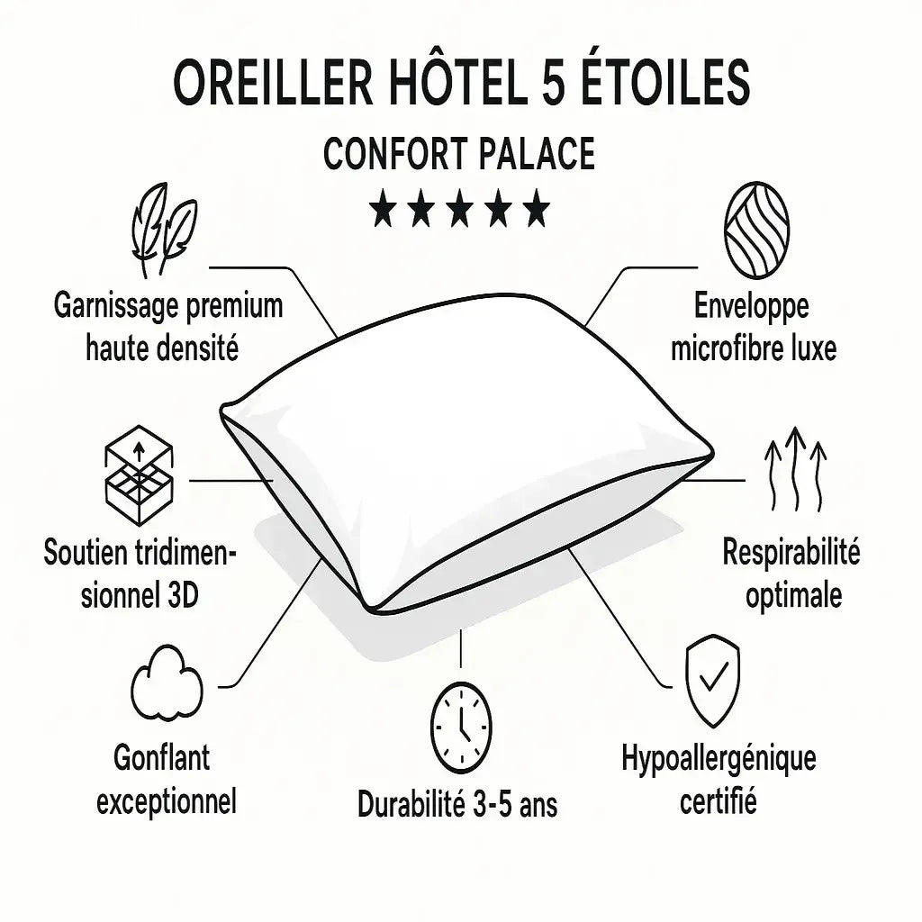 Technologies oreiller hôtel 5 étoiles - garnissage premium, soutien 3D, gonflant exceptionnel