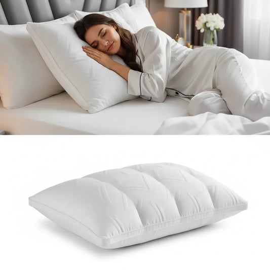 Oreiller hôtel luxe IceRelief – femme dormant paisiblement sur oreiller gonflant coton premium 5 étoiles