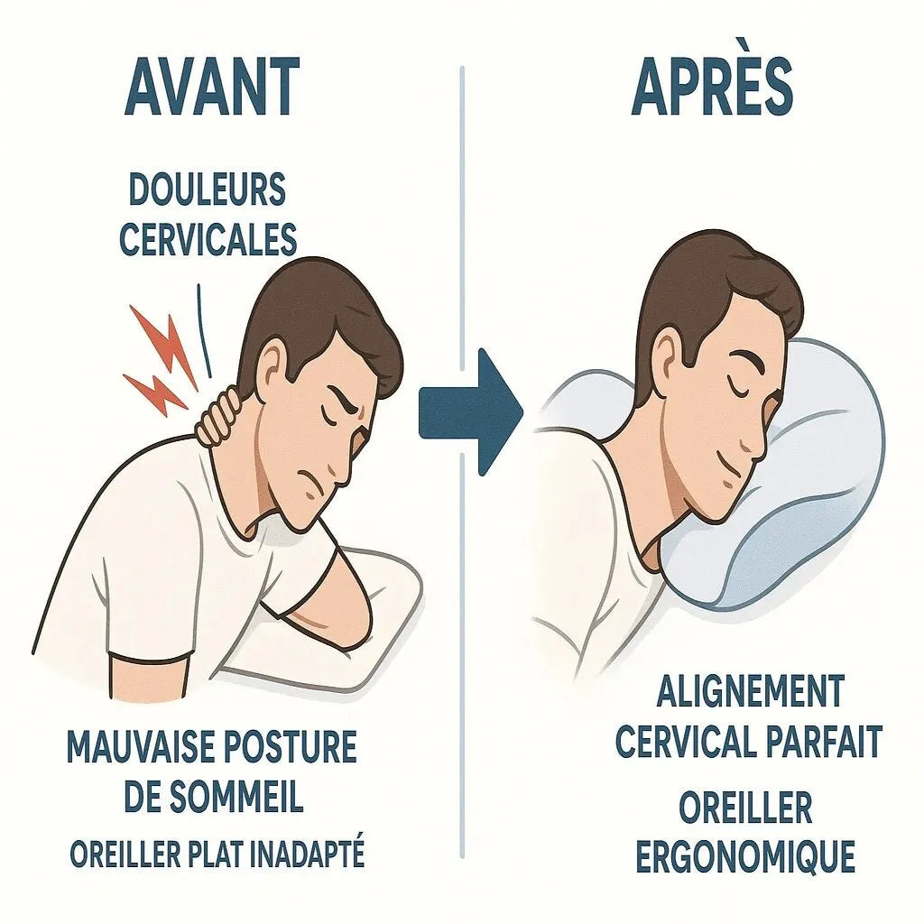 Avant après oreiller luxe hôtel IceRelief - mauvais soutien cervical vs alignement parfait