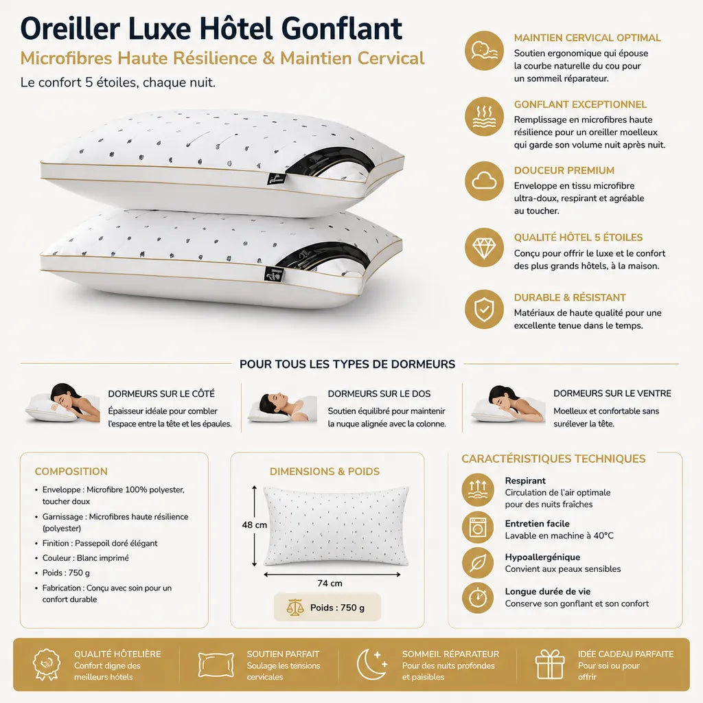 Infographie de l’oreiller Luxe Hôtel Gonflant avec microfibres haute résilience, maintien cervical, dimensions 74 x 48 cm et confort moelleux adapté à toutes les positions de sommeil.