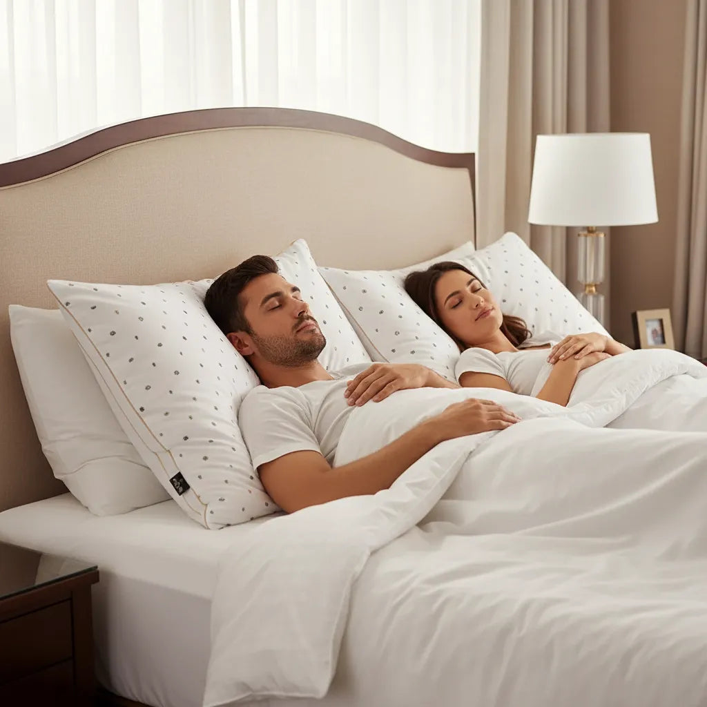 Couple dormant sur oreillers de luxe hôtel IceRelief en duvet, housse blanche liseré doré, lit king-size 5 étoiles ambiance premium