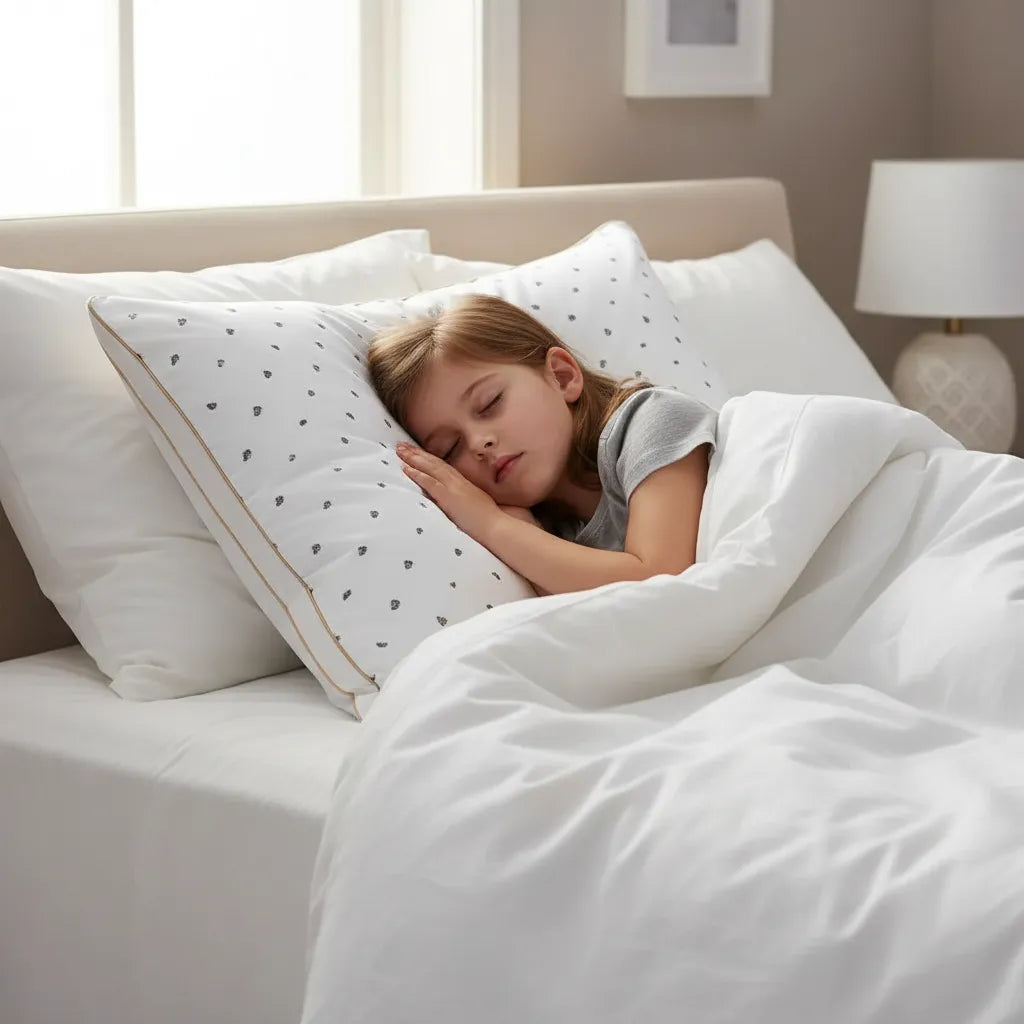 Enfant dormant paisiblement sur oreiller de luxe hôtel IceRelief en duvet, housse blanche motifs discrets liseré doré, chambre cosy
