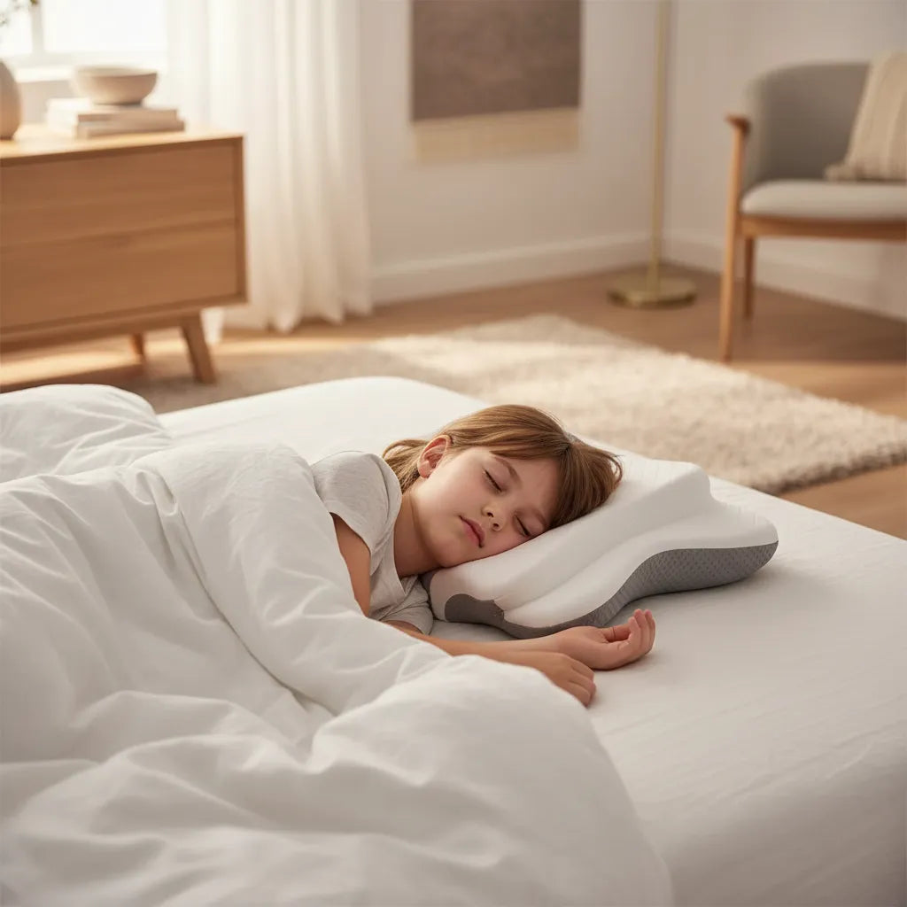 Enfant dormant paisiblement sur oreiller cervical papillon IceRelief en mousse à mémoire de forme, chambre cosy lumière naturelle