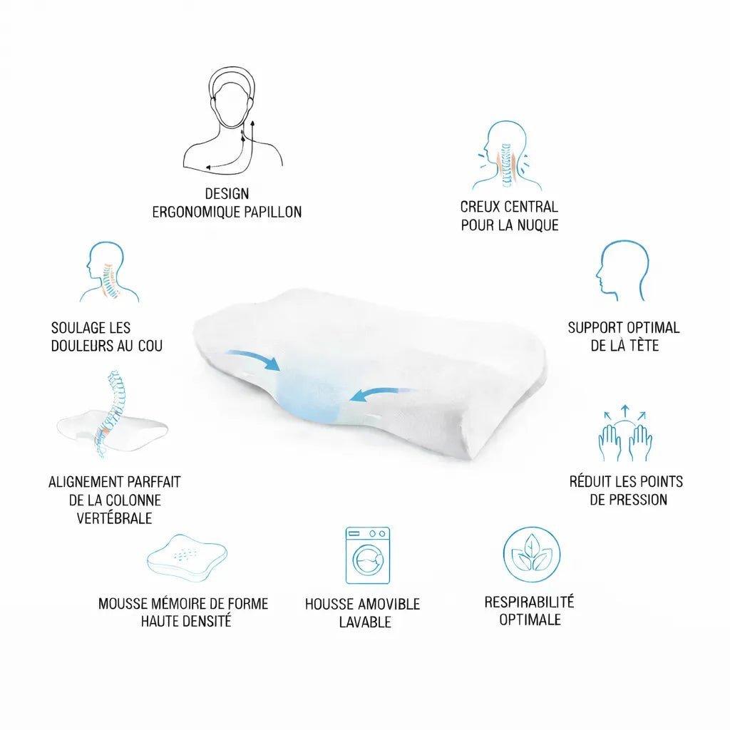Oreiller ergonomique à mémoire de forme avec design papillon icerelief - soulage les douleurs cervicales et améliore l'alignement de la colonne vertébrale