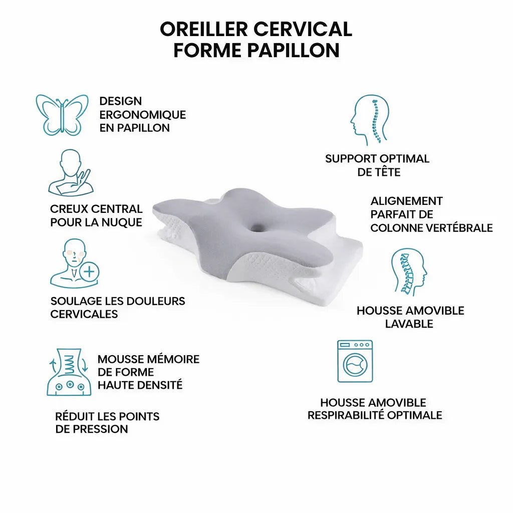Bénéfices oreiller cervical forme papillon - creux central nuque, alignement colonne, confort