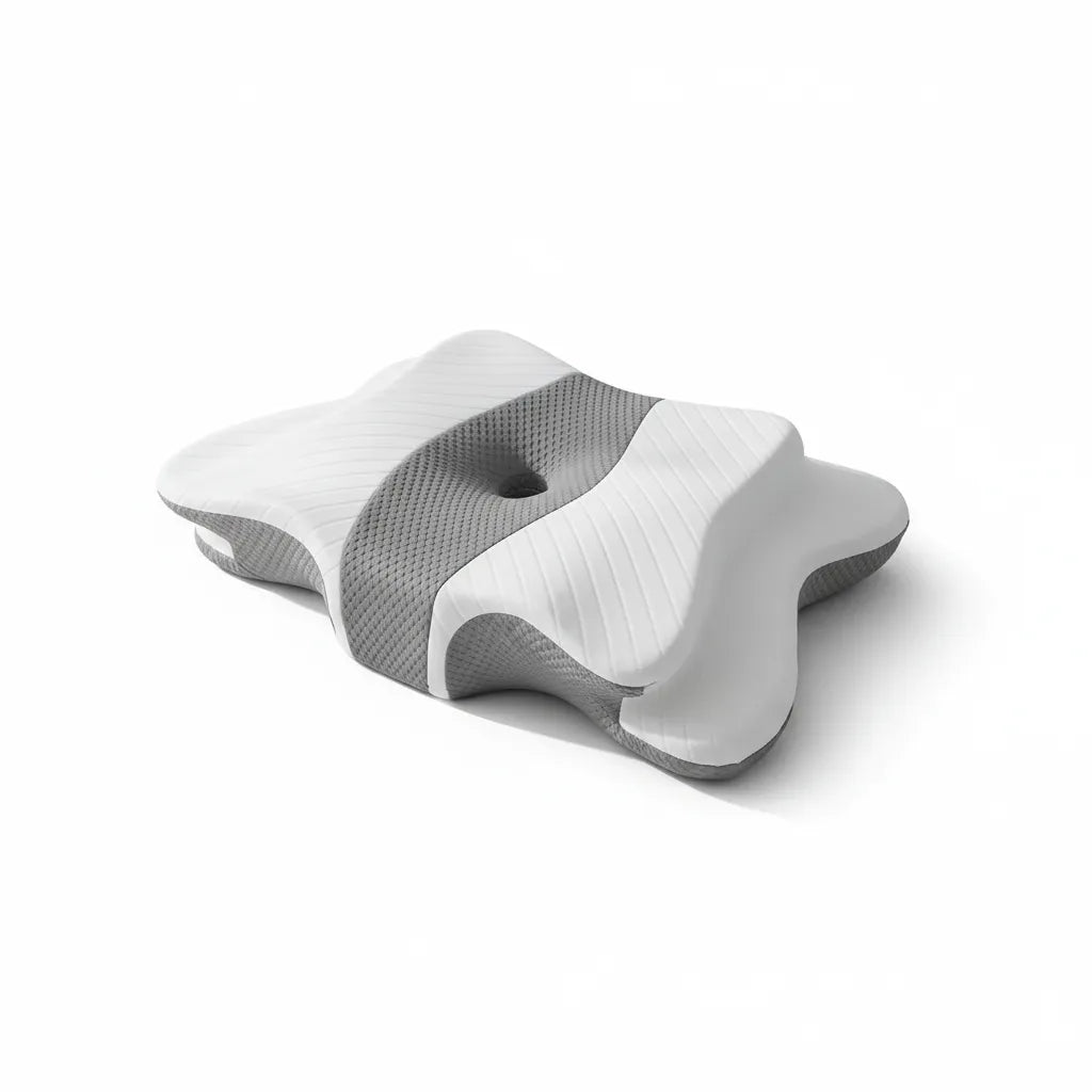 Oreiller papillon mémoire de forme IceRelief - soutien cervical ergonomique blanc gris, vue 3/4 studio fond blanc