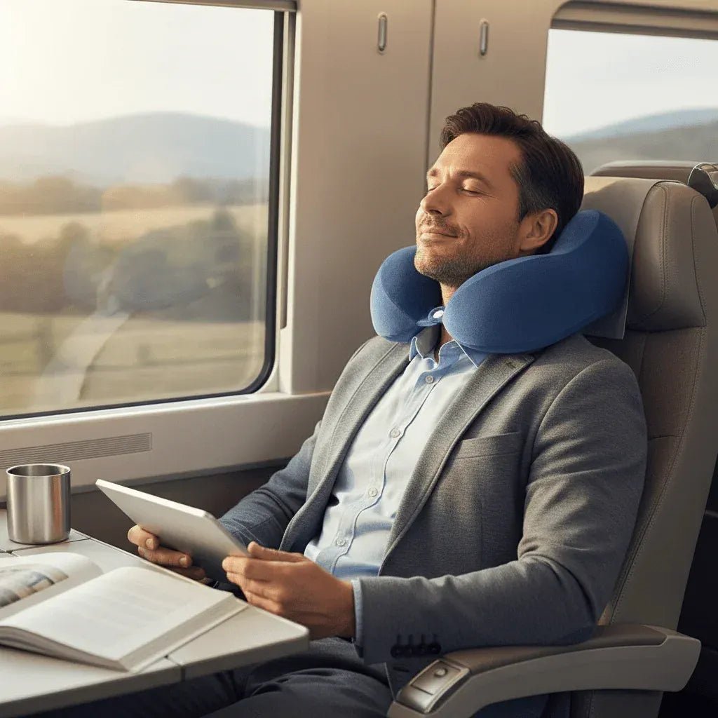 Passager dormant confortablement en avion avec oreiller de voyage IceRelief sans douleur