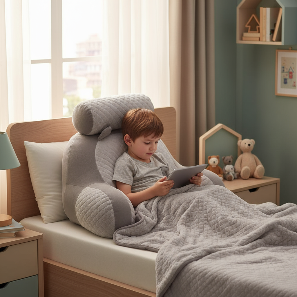 Oreiller lecture ergonomique  gris - petit garçon tablette soutien dos optimal
