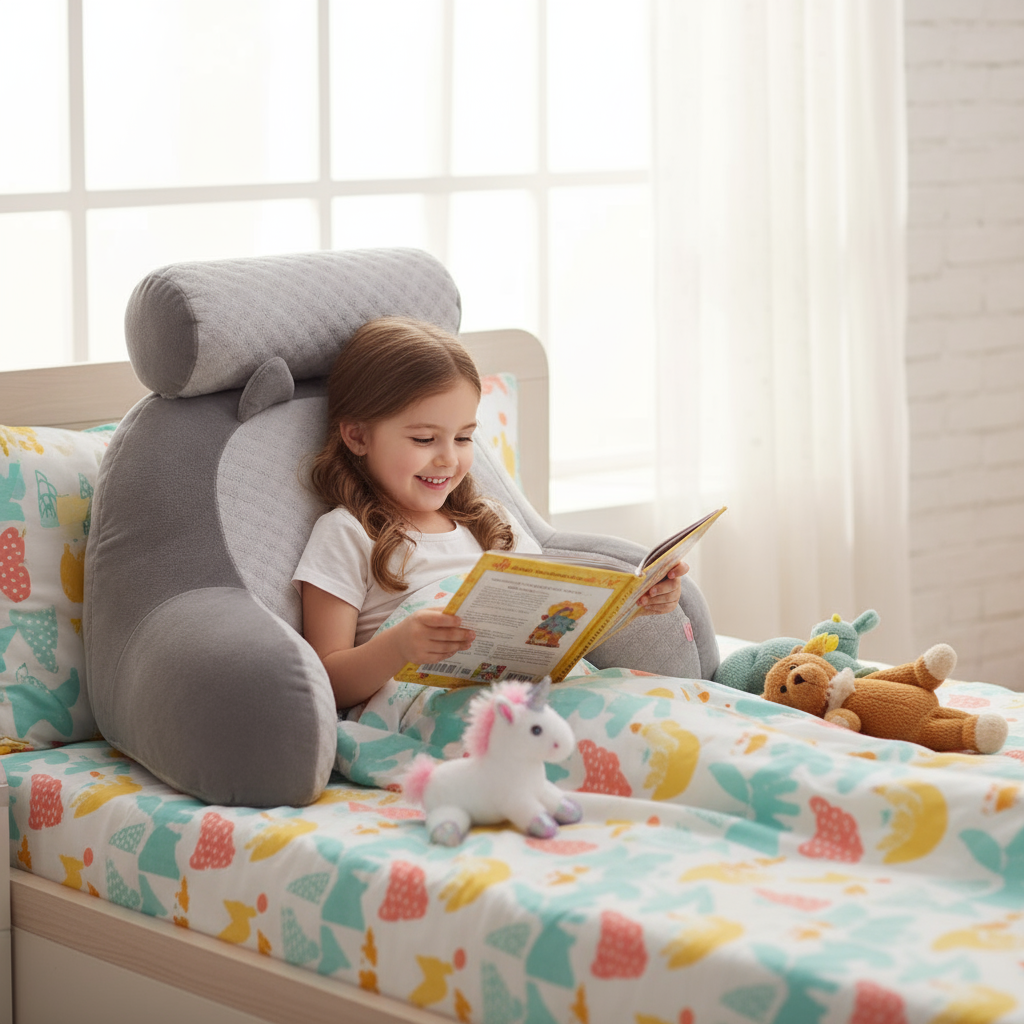 Oreiller lecture ergonomique soutien dos - petite fille lisant confortablement
