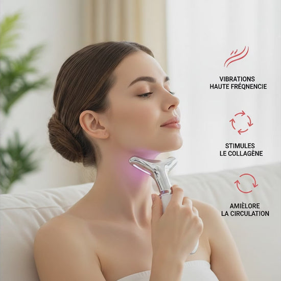 Démonstration masseur visage cou LED IceRelief photothérapie lifting anti-poches raffermissement stimulation collagène
