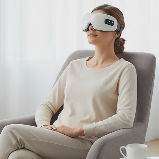 Démonstration masseur oculaire intelligent IceRelief Bluetooth soulagement fatigue écran cernes compression air chaleur vibrations musique
