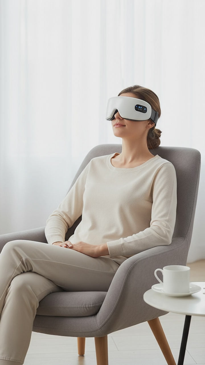 Personne utilisant un masseur yeux bluetooth avec pression d'air et chaleur - Détente et soulagement des yeux fatigués après écran
