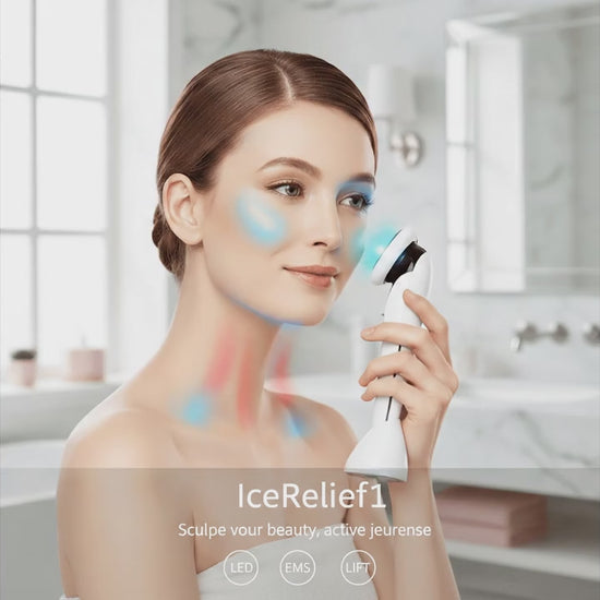 Démonstration masseur visage LED 7-en-1 IceRelief photothérapie micro-courant lifting anti-rides raffermissant
