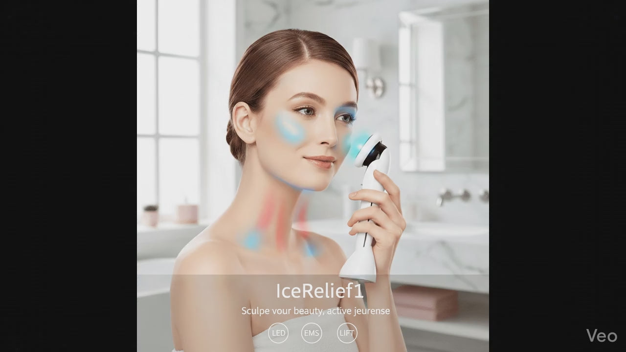 Démonstration masseur visage LED 7-en-1 IceRelief photothérapie micro-courant lifting anti-rides raffermissant
