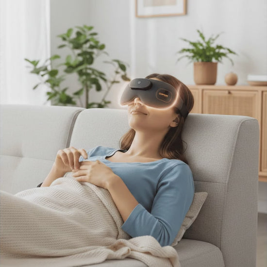Démonstration masque yeux chauffant IceRelief USB soulagement migraine fatigue oculaire massage thermique relaxation complète