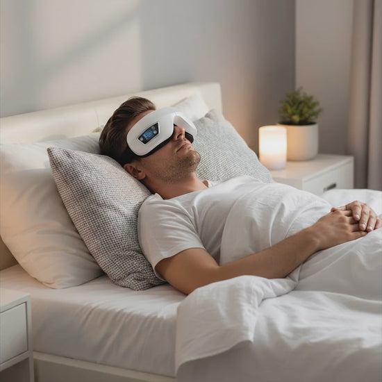 Démonstration masseur oculaire chauffant Bluetooth IceRelief 6D compression air chaleur infrarouge vibrations musique soulagement migraine fatigue

