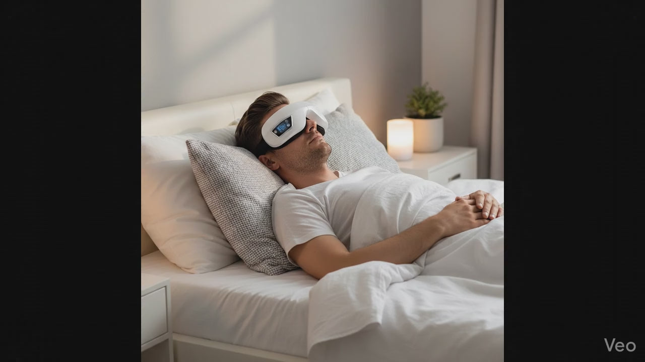 Démonstration masseur oculaire chauffant Bluetooth IceRelief 6D compression air chaleur infrarouge vibrations musique soulagement migraine fatigue
