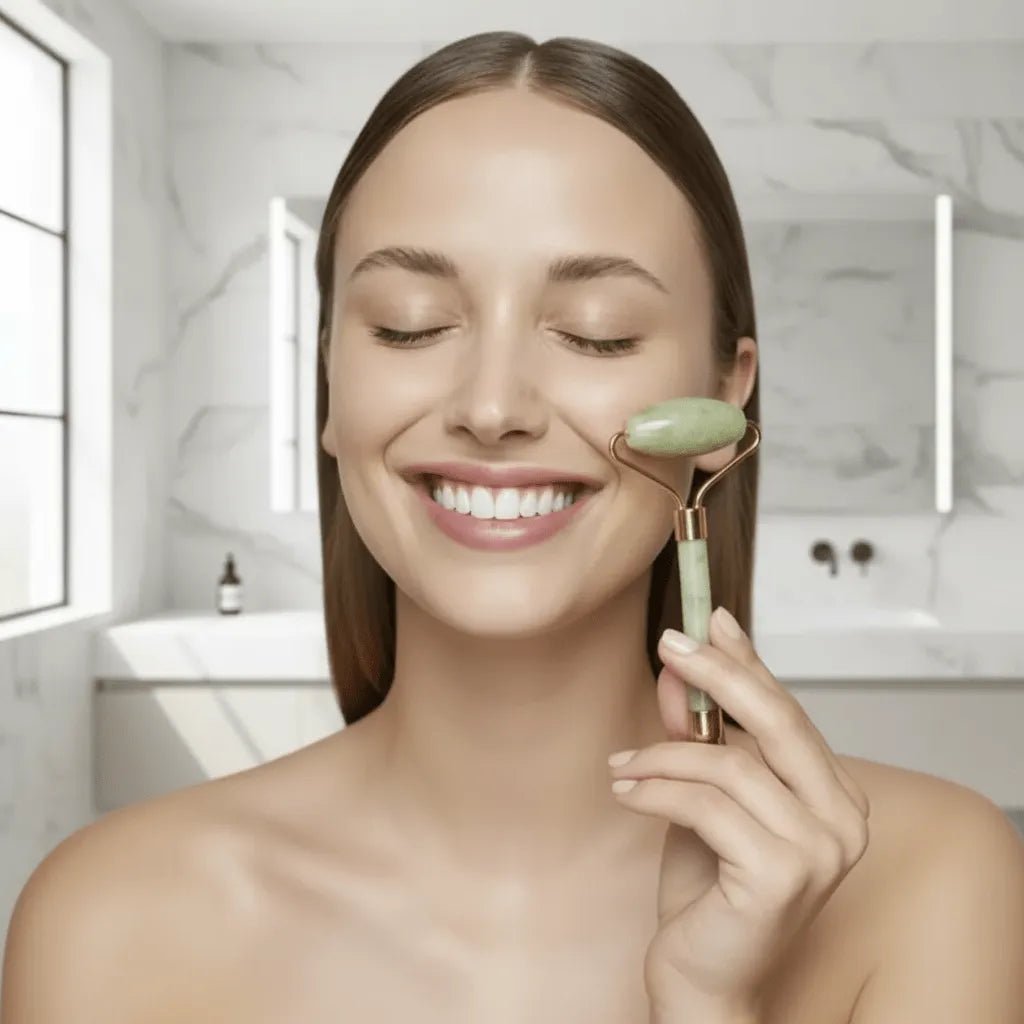 Massage des pommettes avec rouleau en pierre naturelle IceRelief éclat du teint