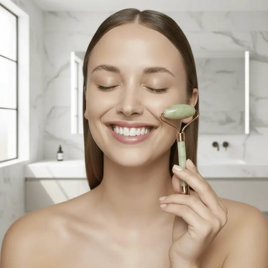 Massage des pommettes avec rouleau en pierre naturelle IceRelief éclat du teint