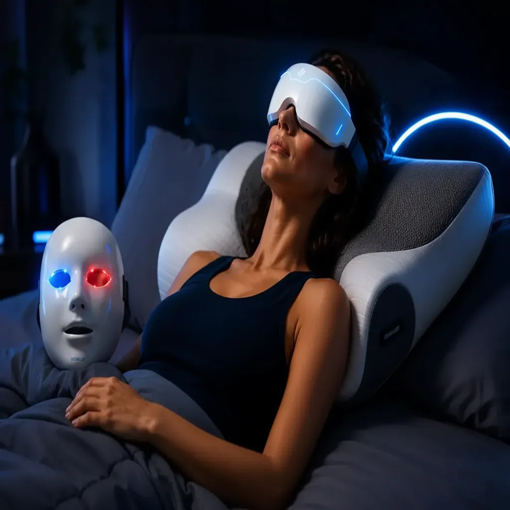 Femme utilisant un masque de relaxation oculaire IceRelief pour soulager migraines, tensions et fatigue visuelle
