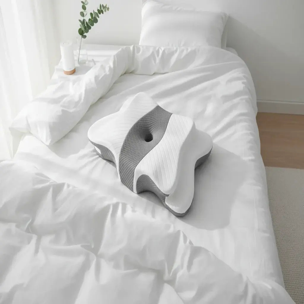 Vue aérienne oreiller cervical papillon IceRelief en mousse mémoire de forme sur literie blanche